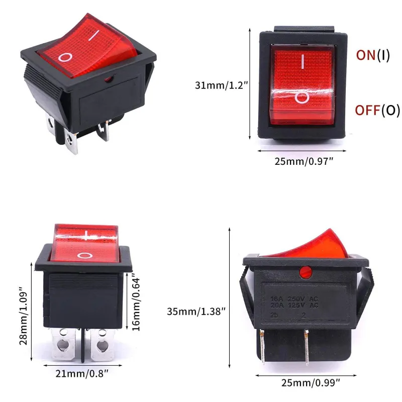 KCD2-201N Comutator Basculant ON-OFF DPST 4 Pini 250V 16A - Roșu KCD2-201N Comutator Basculant ON-OFF DPST 4 Pini 250V 16A - Roșu