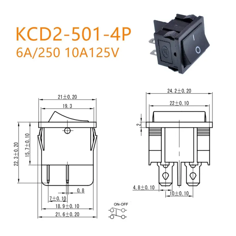 KCD2-501-4 Comutator Basculant ON-OFF DPST 4 Pini 250V 10A - Negru KCD2-501-4 Comutator Basculant ON-OFF DPST 4 Pini 250V 10A - Negru