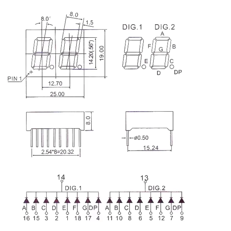 14mm 7-Segment 2 Digit Display Common Cathode 5621AS - RED 14mm 7-Segment 2 Digit Display Common Cathode 5621AS - RED