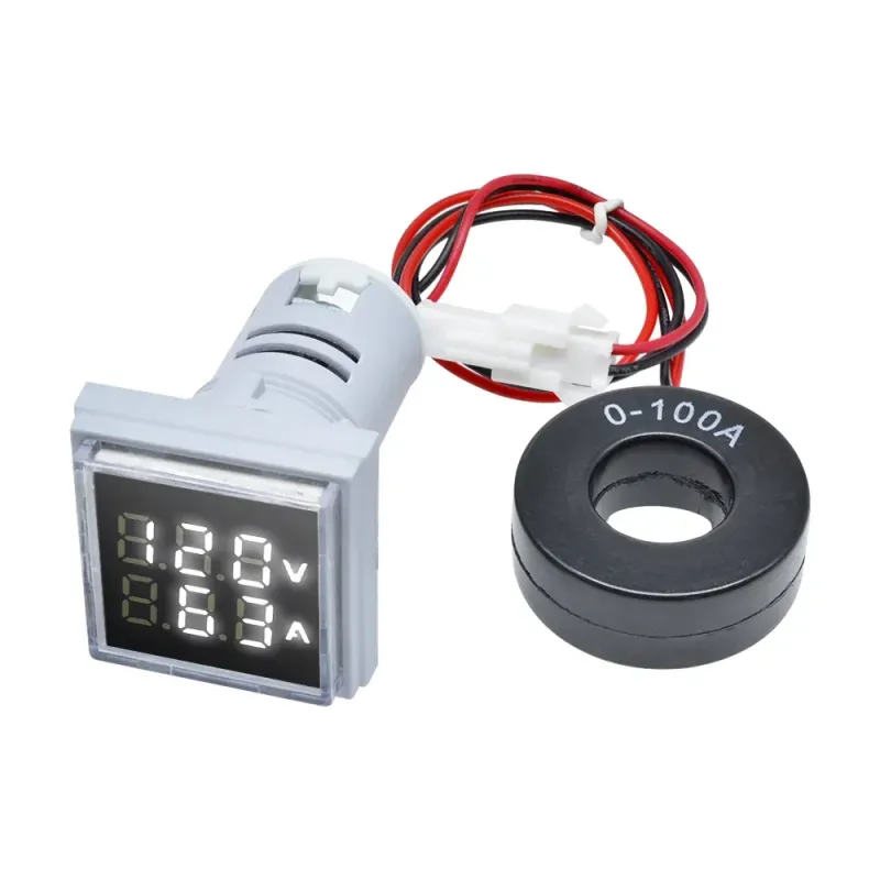 Contor de Curent și Tensiune AC cu Afișaj Dublu cu LED Pătrat - 60-500V / 100A - Alb