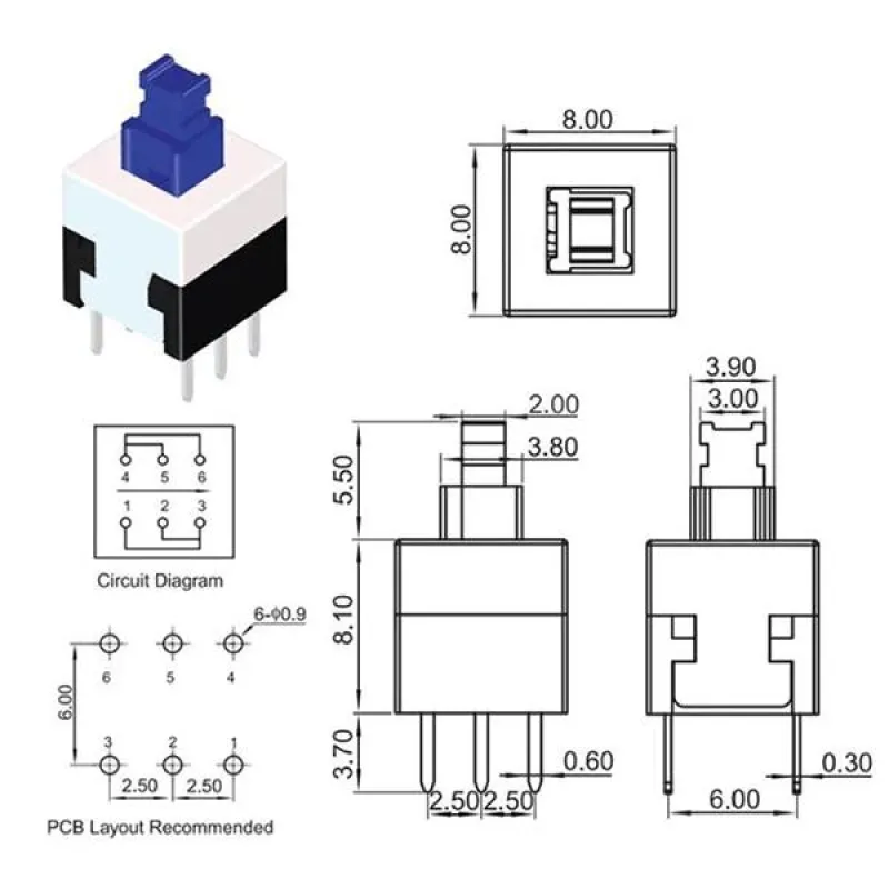 8x8 mm Comutator Tact Momentan DPDT 6 Pini 8x8 mm Comutator Tact Momentan DPDT 6 Pini