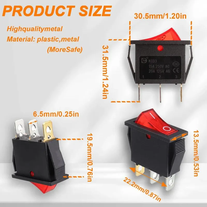 KCD3 ON-OFF Rocker Switch SPST 3 Pin 1-Way 250V 15A - Red KCD3 ON-OFF Rocker Switch SPST 3 Pin 1-Way 250V 15A - Red