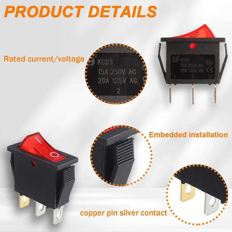 KCD3 ON-OFF Rocker Switch SPST 3 Pin 1-Way 250V 15A - Red KCD3 ON-OFF Rocker Switch SPST 3 Pin 1-Way 250V 15A - Red