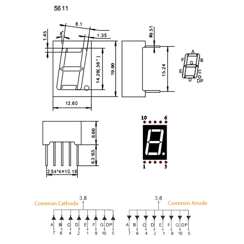 14mm 7-Segment 1 Digit Display Common Anode 5611BG - VERDE 14mm 7-Segment 1 Digit Display Common Anode 5611BG - VERDE