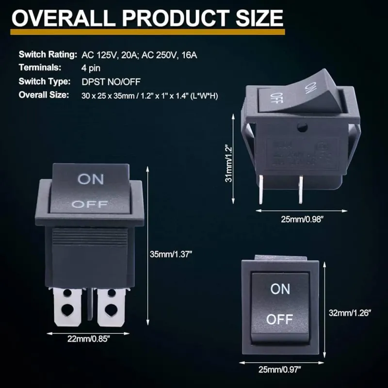 KCD2-201-4 ON-OFF Rocker Switch DPST 4 Pin 250V 16A - Black KCD2-201-4 ON-OFF Rocker Switch DPST 4 Pin 250V 16A - Black