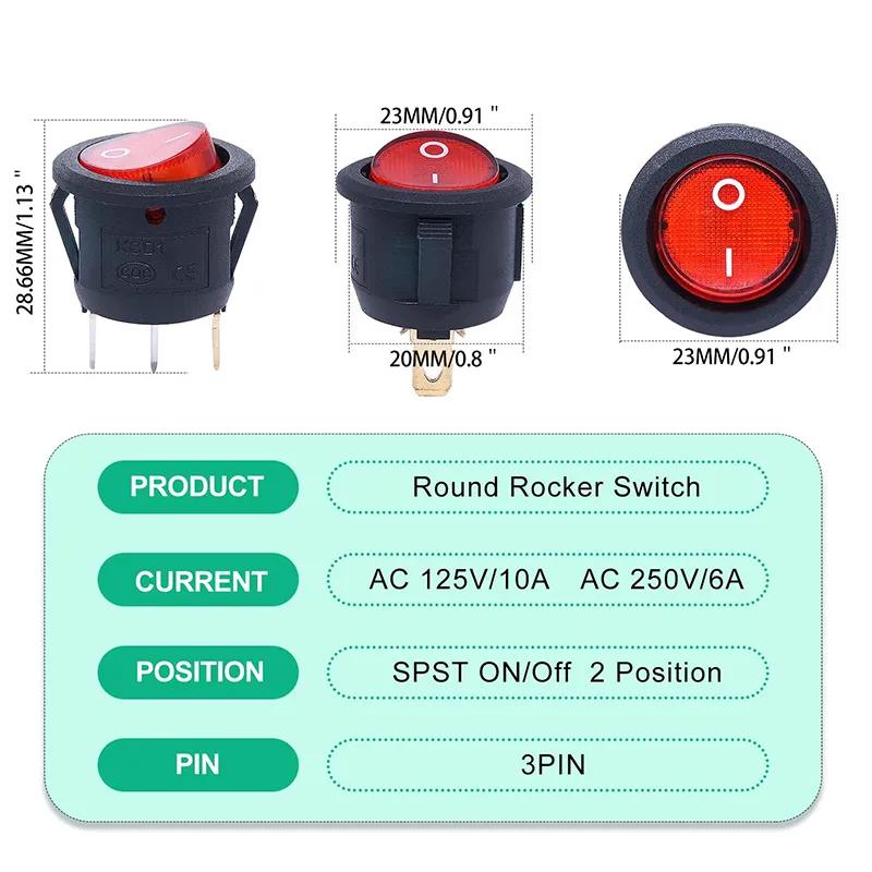 ON-OFF Illuminated Round Rocker Switch 250V 6A 3 Pin KCD1-5-101N - Red ON-OFF Illuminated Round Rocker Switch 250V 6A 3 Pin KCD1-5-101N - Red