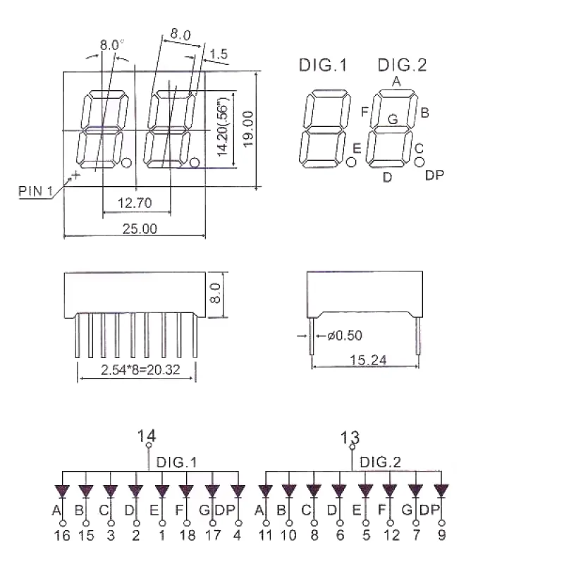 14mm 7-Segment 2 Digit Display Common Anode 5621BS - RED 14mm 7-Segment 2 Digit Display Common Anode 5621BS - RED