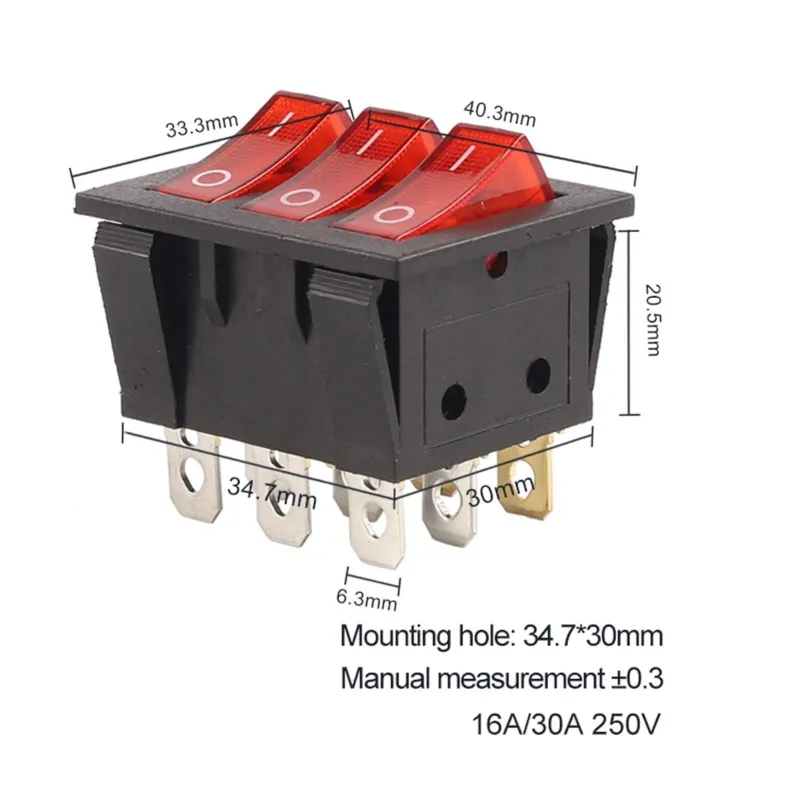 KCD3 ON-OFF Rocker Switch SPST 9 Pin 3-Way 250V 15A - Red KCD3 ON-OFF Rocker Switch SPST 9 Pin 3-Way 250V 15A - Red
