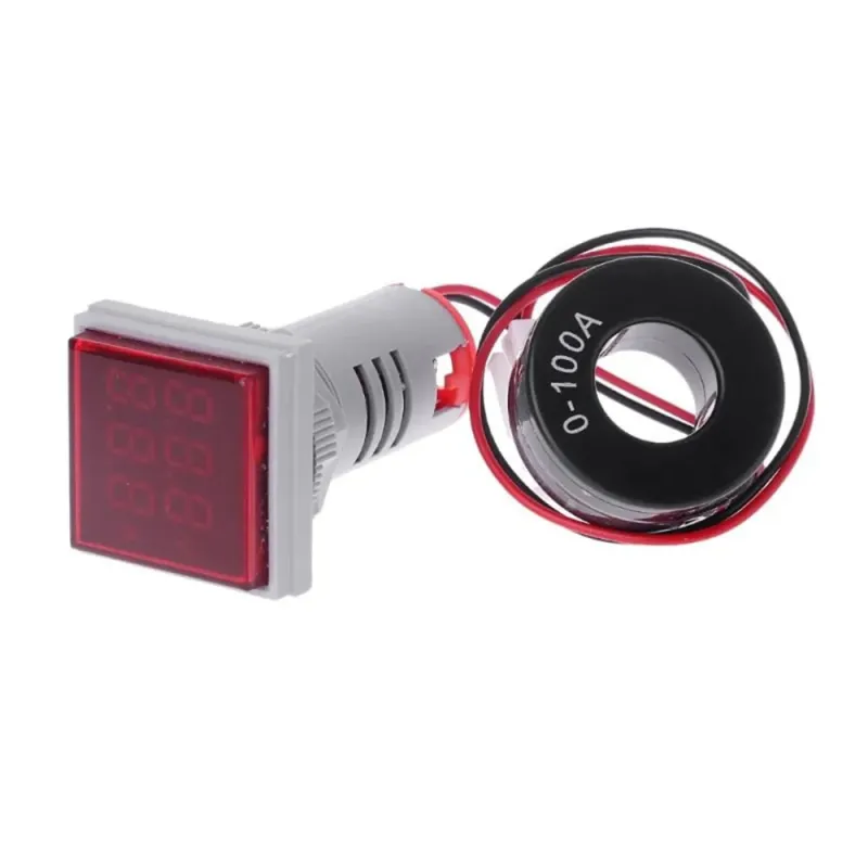 Contor de Curent și Tensiune AC cu Afișaj Dublu cu LED Pătrat - 60-500V / 100A - Roșu