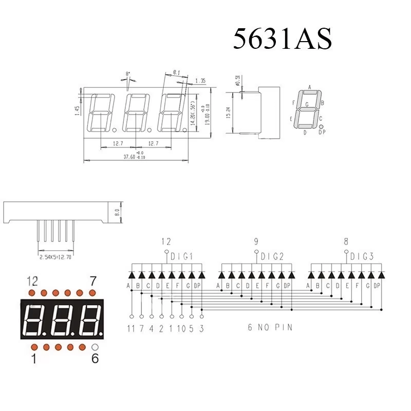 14mm 7-Segment 3 Digit Display Common Cathode 5631AS - RED 14mm 7-Segment 3 Digit Display Common Cathode 5631AS - RED